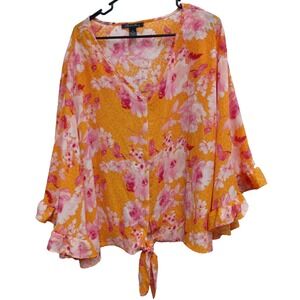 A Love Story‎ Womens BOHO Festival Blouse Top Size 3X Orange Floral Bell Sleeve